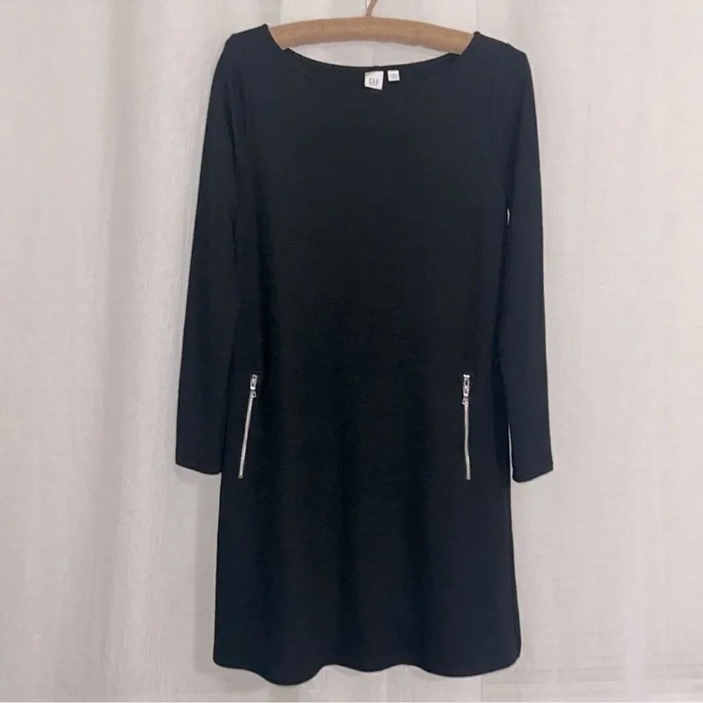 GAP MP Black Textured Knit A Line Zip Pockets Long Sleeve Dress